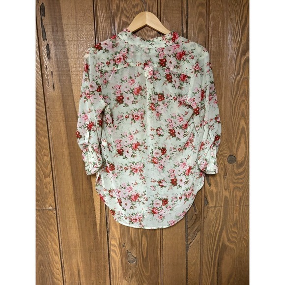 Akira Chicago Red Label Floral Sheer Popover Blouse with Roll Sleeves - Picture 9 of 10